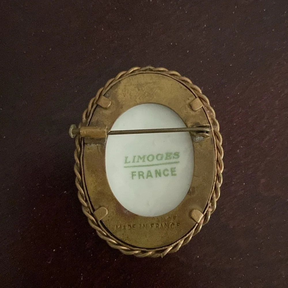 Vintage Limoges Oval Brooch with Pastoral Scene